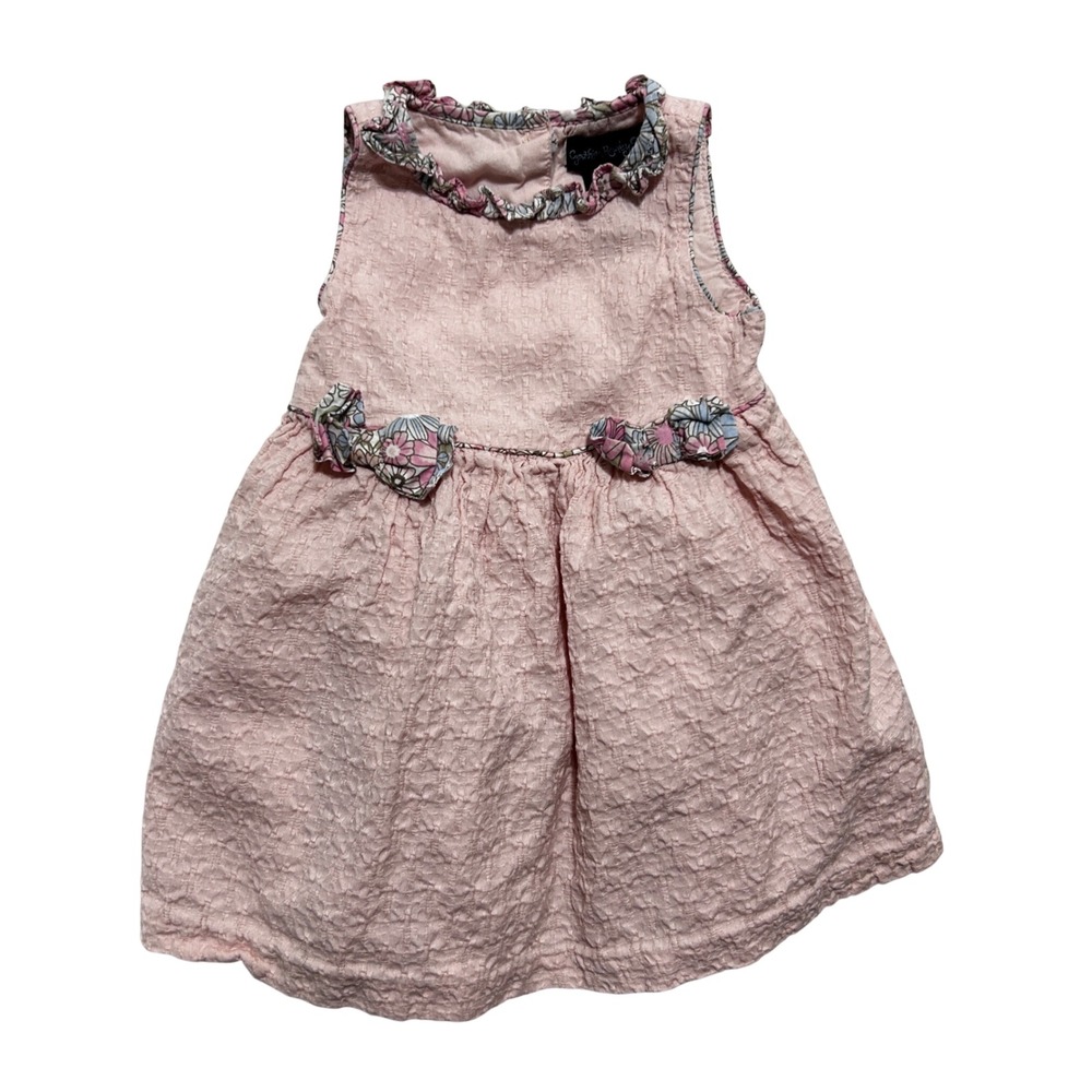 Cynthia Rowley Girls Seersucker Dress 18M Pink Floral Trim Babydoll Cottagecore‎